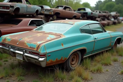 1967 Chevrolet Impala automatique à restaurer dans une casse automobile, avec peinture écaillée et carrosserie rouillée
