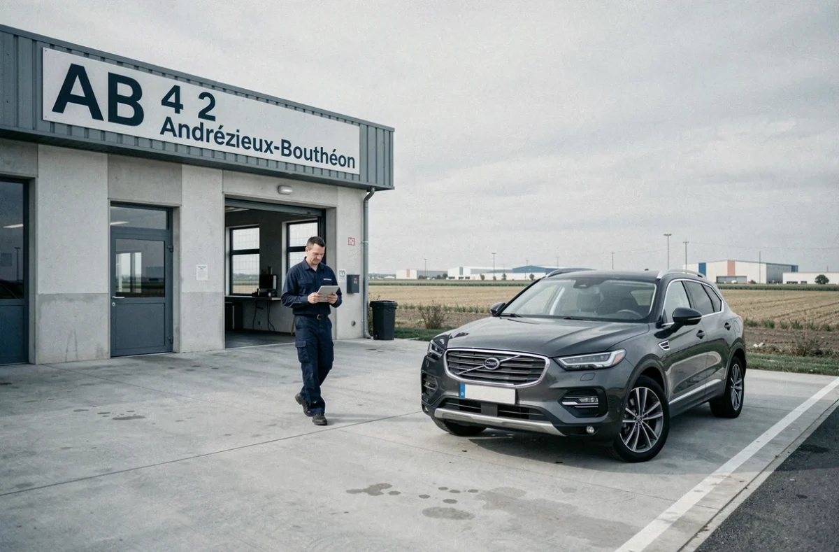 Centre de contrôle technique AB 42 à Andrézieux-Bouthéon avec un technicien approchant un SUV gris
