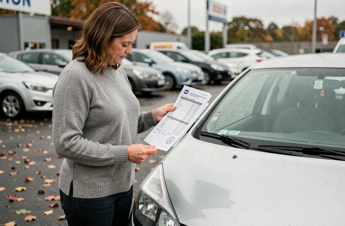 Femme examinant le kilométrage d'une Renault Clio d'occasion dans un parking de concessionnaire automobile