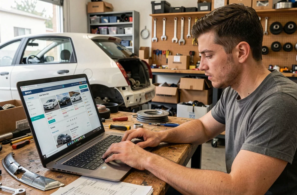 Jeune homme comparant des prix de pièces auto pas chères en ligne depuis son garage