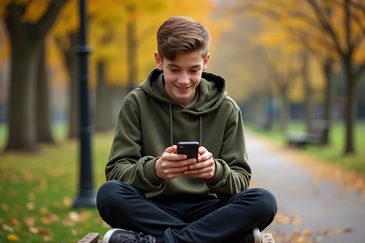Adolescent utilisant une application de conversion de vitesse miles en km/h sur iPhone dans un parc en automne