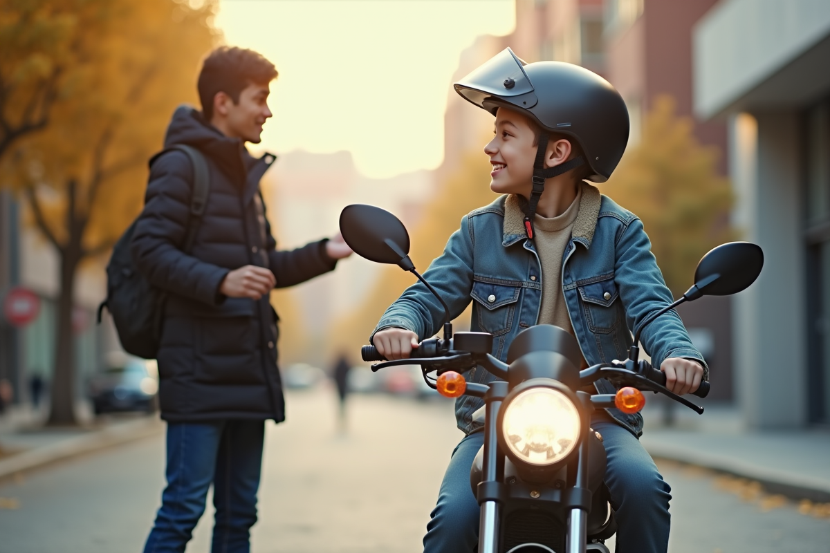 Adolescent souriant avec casque sur un scooter en ville
