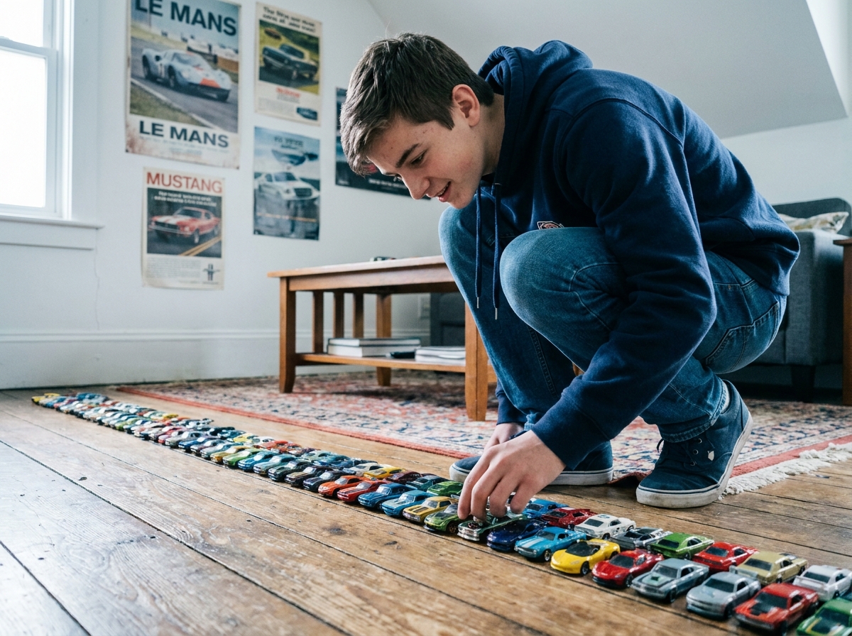 Adolescent accroupi qui observe une rangée de petites voitures miniatures 1:64 posées sur un parquet en bois dans sa chambre
