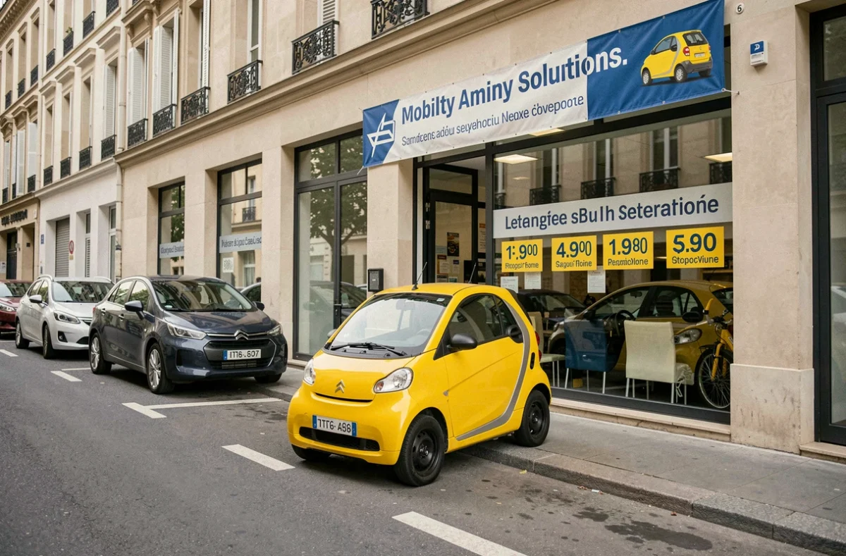 Citroën Ami jaune garée devant une agence de location de voitures sans permis en France