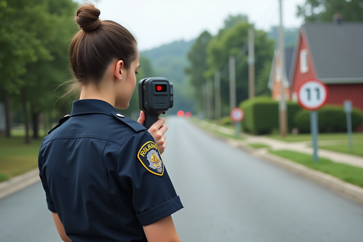 Jeune agente de police contrôlant la vitesse sur une route