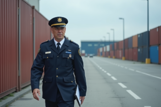 Agent de securite en uniforme navy dans un terminal de fret
