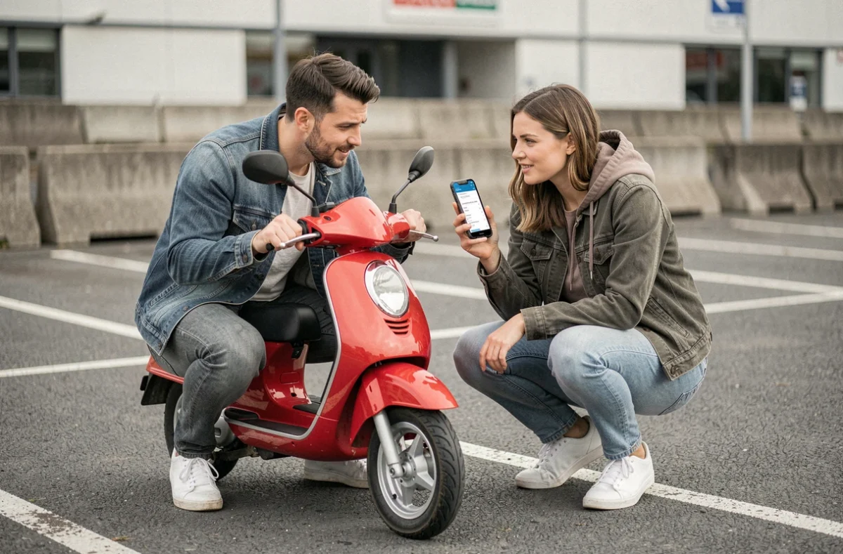 Deux amis consultant une application de comparaison d'assurance pour scooter 125 dans un parking