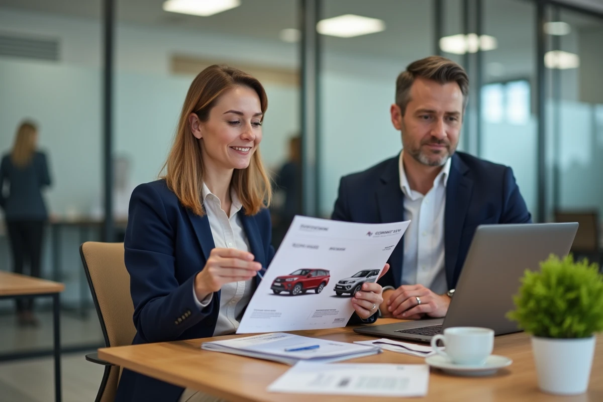 Femme analysant un comparatif de SUV compacts avant de choisir une alternative au Toyota C-HR chez un concessionnaire
