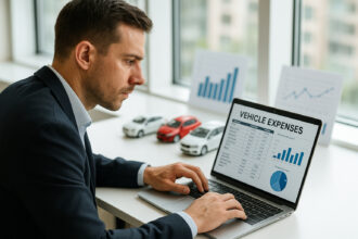 Professionnel d'affaires analysant rapports de véhicules en bureau