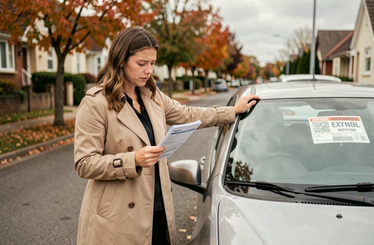 Femme consultant des documents d'assurance auto avec vignette de contrôle technique expirée visible sur le pare-brise