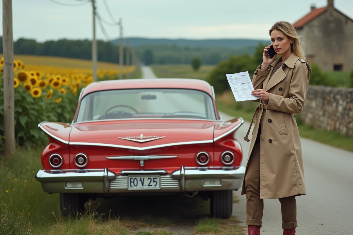 Femme tenant des papiers d'assurance automobile près d'une Impala rouge vintage au bord d'une route de campagne française