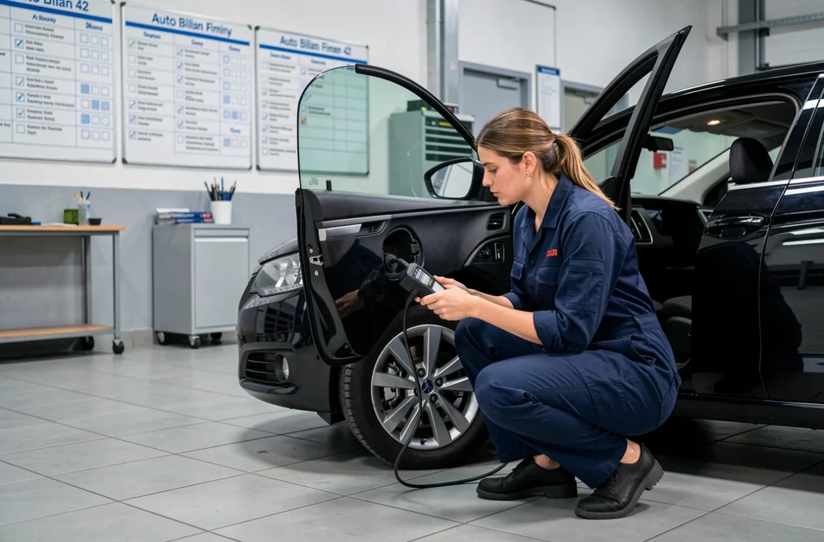 Technicienne d'Auto Bilan 42 à Firminy connectant un outil de diagnostic à une berline noire