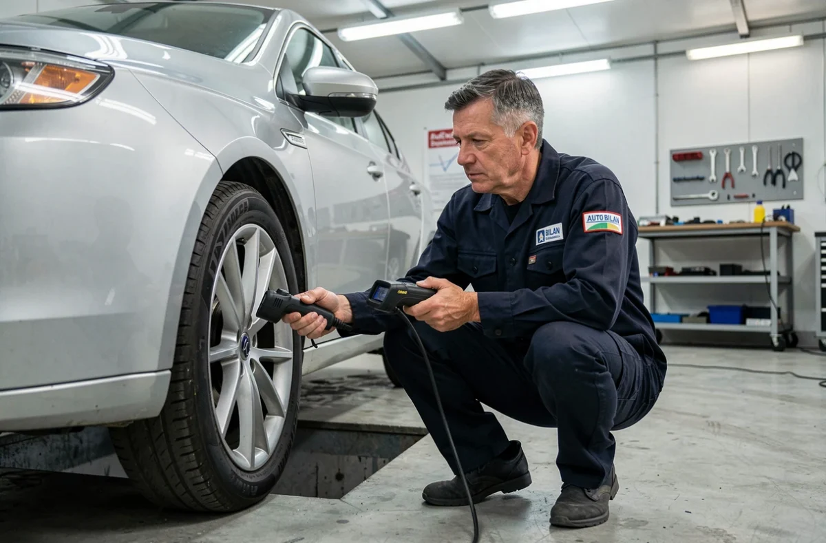 Technicien d'Auto Bilan Stéphanois effectuant un contrôle technique sur une berline à Saint-Étienne