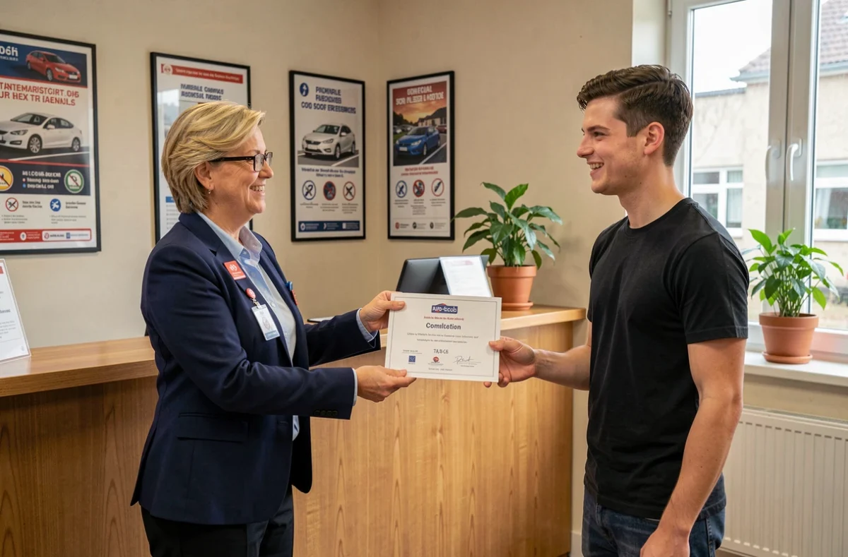 Monitrice de l'Auto Ecole Audoin remettant un certificat à un jeune élève dans le bureau de l'établissement