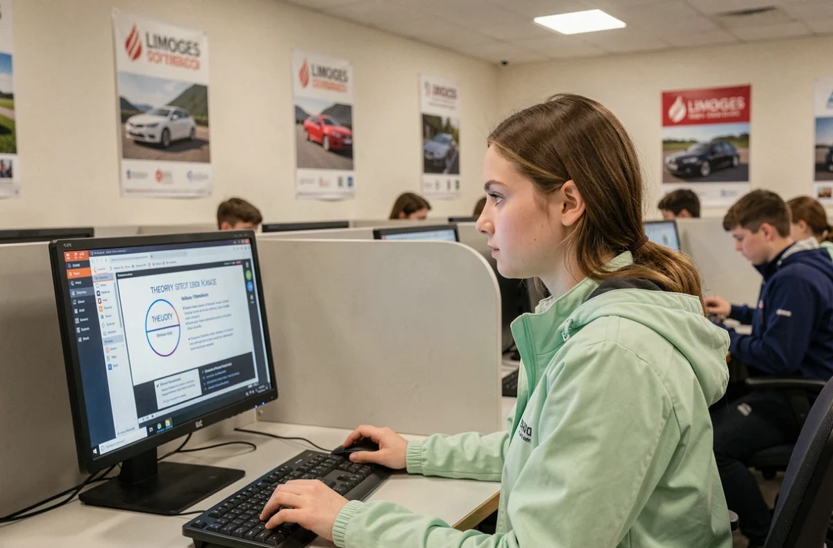 Étudiante passant le code de la route sur ordinateur dans la salle de cours de l'Auto-Ecole Caire à Limoges