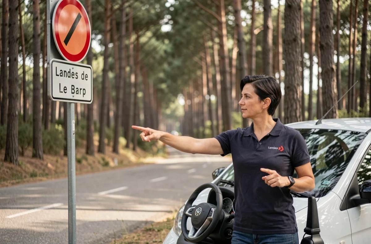 Monitrice d'auto-école expliquant un panneau routier au Barp, entourée de la forêt de pins des Landes