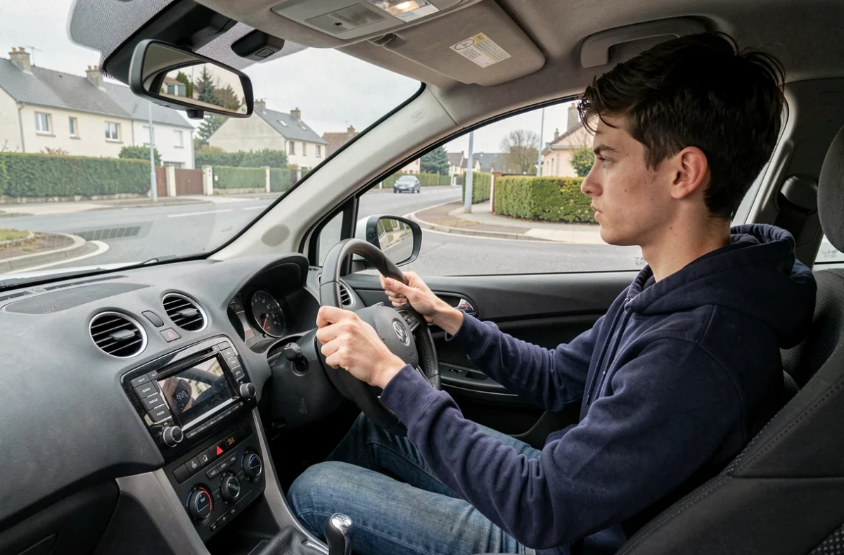 Jeune homme en cours de conduite à bord d'un véhicule d'auto-école dans les rues calmes d'Izon en Gironde