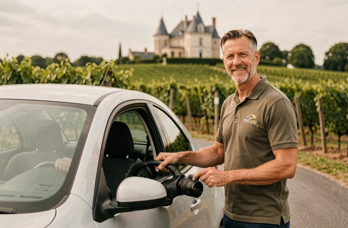Moniteur d'auto-école debout près d'un véhicule d'apprentissage sur une route du Médoc à Pauillac, avec des vignobles en arrière-plan