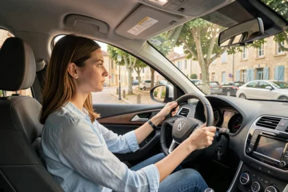 Jeune femme au volant d'un véhicule d'auto-école en Nouvelle-Aquitaine, vue de l'intérieur avec la ville en arrière-plan