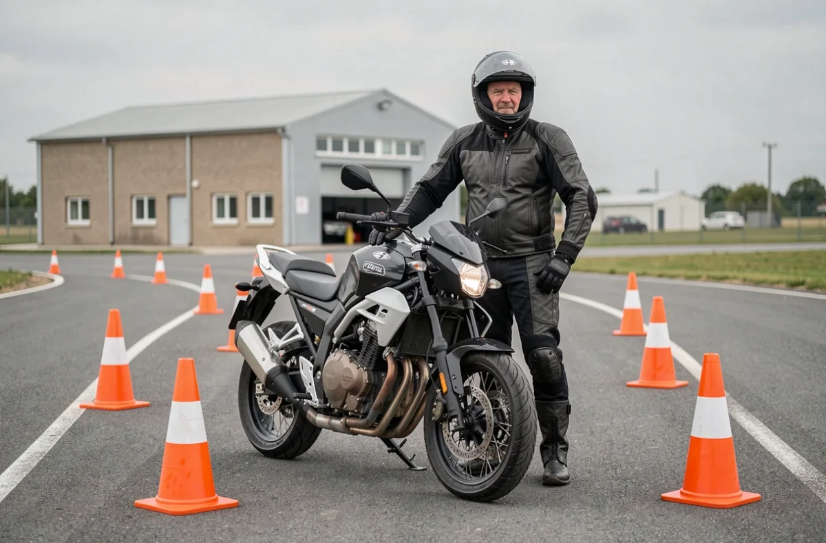 Moniteur de moto-école en équipement complet avec une moto d'apprentissage sur le circuit de l'Auto-Moto Ecole Carnot à Limoges
