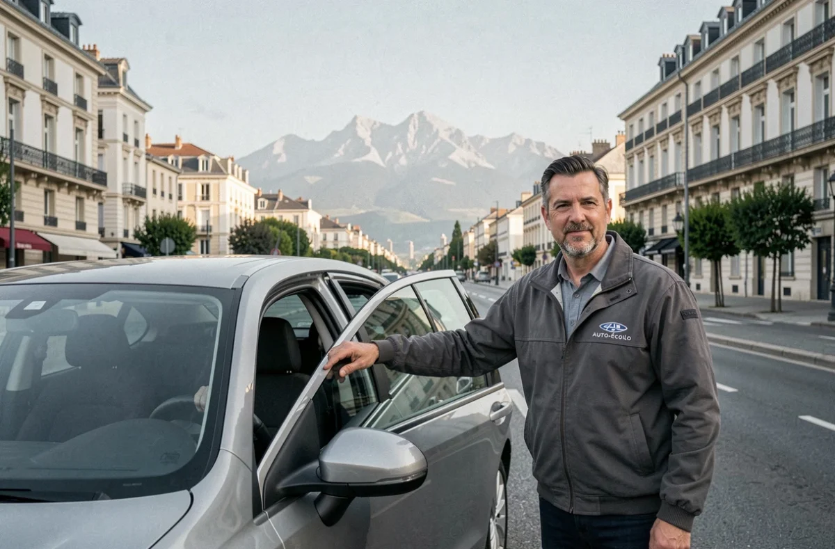 Moniteur de l'Autoécole Torrance à Pau posant devant un véhicule école avec les Pyrénées visibles en arrière-plan