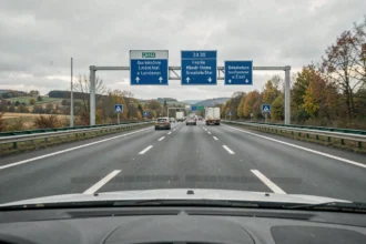 Vue depuis l'intérieur d'une voiture sur une autoroute française à plusieurs voies avec panneaux de signalisation bleus