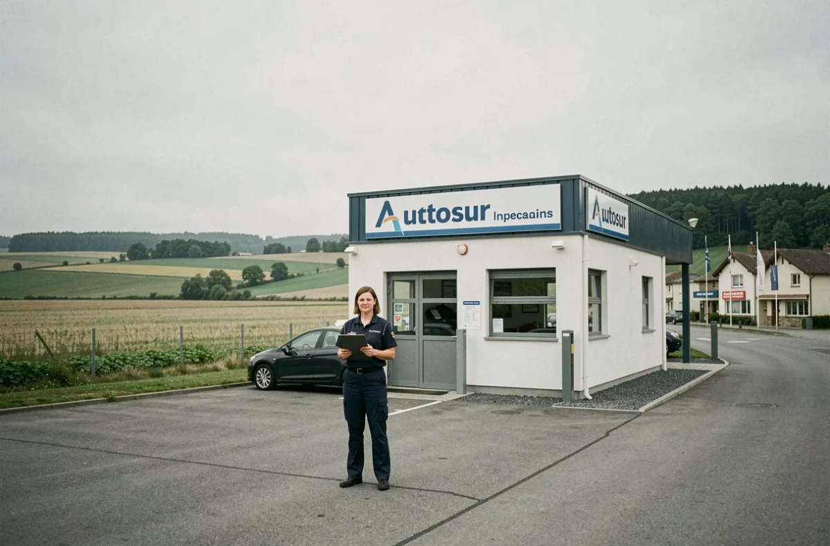 Centre Autosur Montrond-les-Bains situé dans la plaine du Forez avec une technicienne à l'entrée du bâtiment