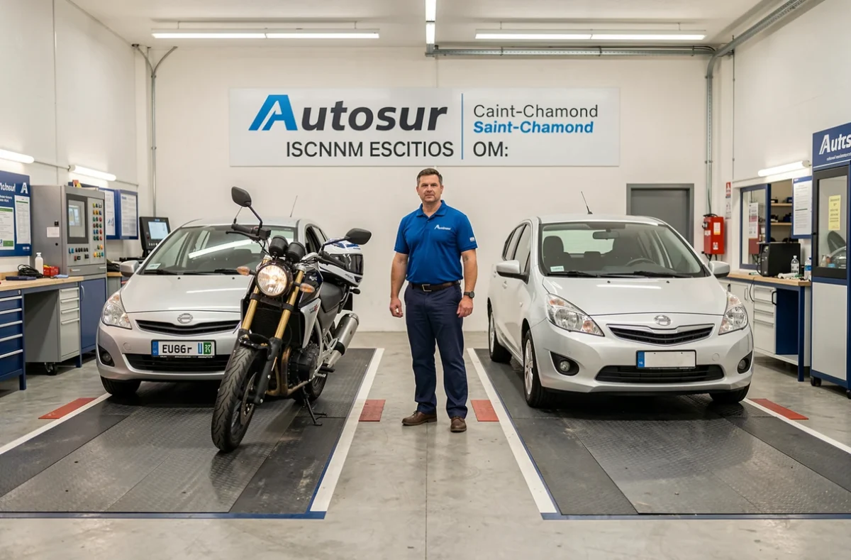 Centre Autosur Saint-Chamond avec un technicien entre une moto et une voiture dans un atelier double voie