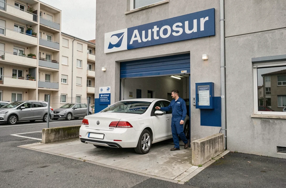 Technicien Autosur Montreynaud guidant une voiture vers le centre de contrôle technique dans le nord de Saint-Étienne