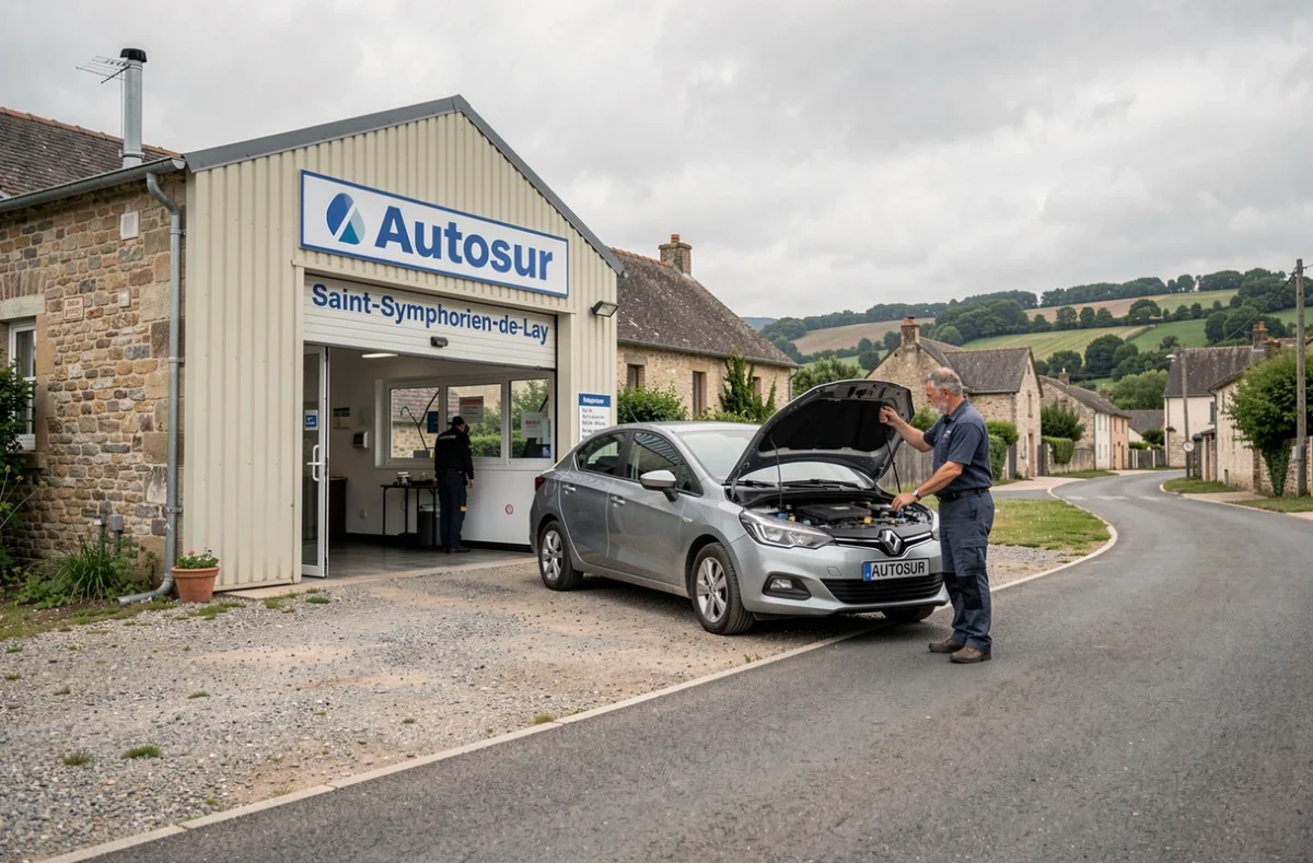 Technicien Autosur Saint-Symphorien-de-Lay vérifiant le moteur d'un véhicule devant le centre dans le nord de la Loire