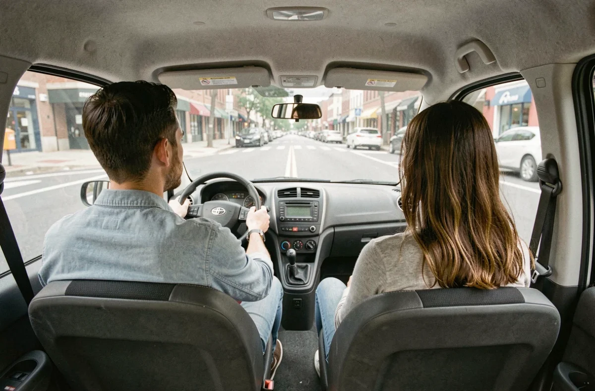 Vue depuis la banquette arrière d'une voiture sans permis 4 places avec deux passagers à l'avant et habitacle compact