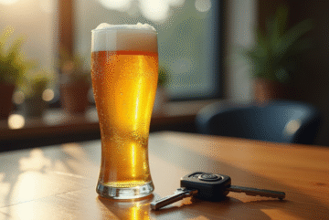 Bière froide avec condensation sur une table en bois