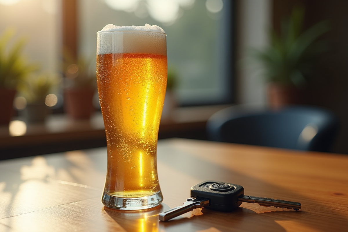 Bière froide avec condensation sur une table en bois