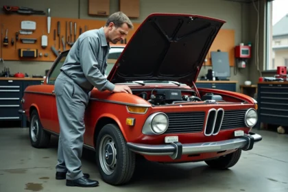 Technicien automobile inspectant le système d'injection mécanique Kugelfischer d'une BMW 2002 tii vintage dans un atelier