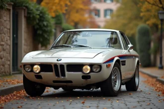 BMW CSL d'occasion vue de trois quarts avant garée sur une rue pavée européenne avec patine authentique et carrosserie aérodynamique iconique