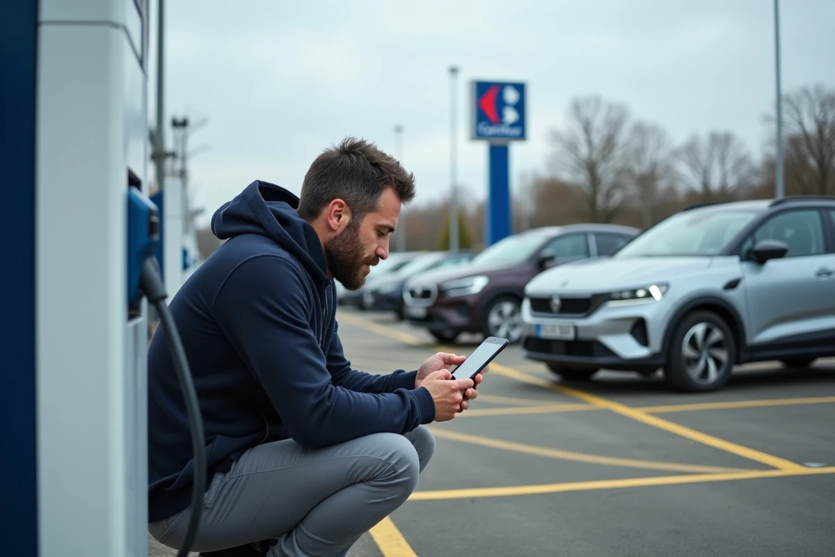 Homme consultant l'écran tactile d'une borne de recharge Carrefour avec son smartphone pour une première utilisation