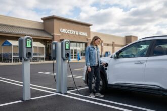 Femme branchant son véhicule électrique à une borne de recharge sur un parking de centre commercial