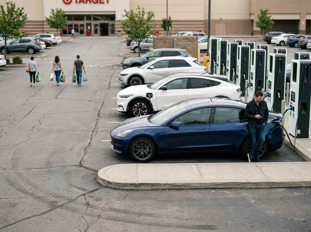 Homme utilisant son smartphone à côté de sa voiture électrique en charge sur un parking de supermarché