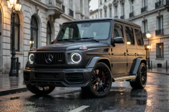Mercedes-AMG G63 modifiée par Brabus avec body kit carbone et jantes surdimensionnées sur une rue urbaine mouillée