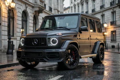 Mercedes-AMG G63 modifiée par Brabus avec body kit carbone et jantes surdimensionnées sur une rue urbaine mouillée