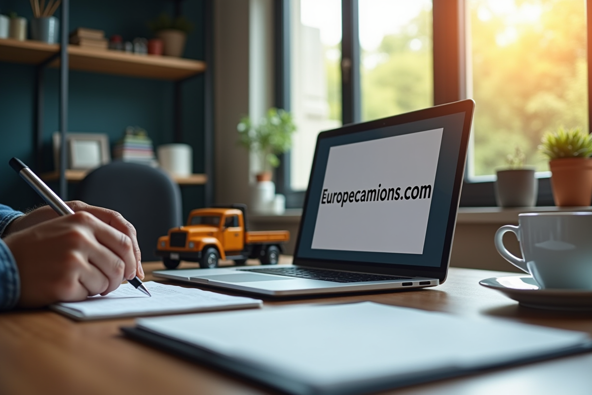 Espace de travail avec ordinateur et modele de camion