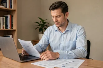 Homme calculant le prix de son assurance voiture sur un ordinateur portable avec des documents d'assurance sur un bureau en bois