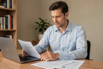 Homme calculant le prix de son assurance voiture sur un ordinateur portable avec des documents d'assurance sur un bureau en bois