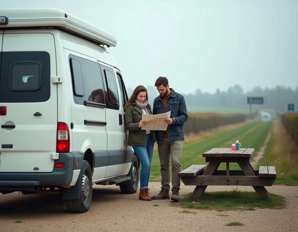Couple avec un camping-car blanc sur une aire de service d'autoroute, consultant une carte routière