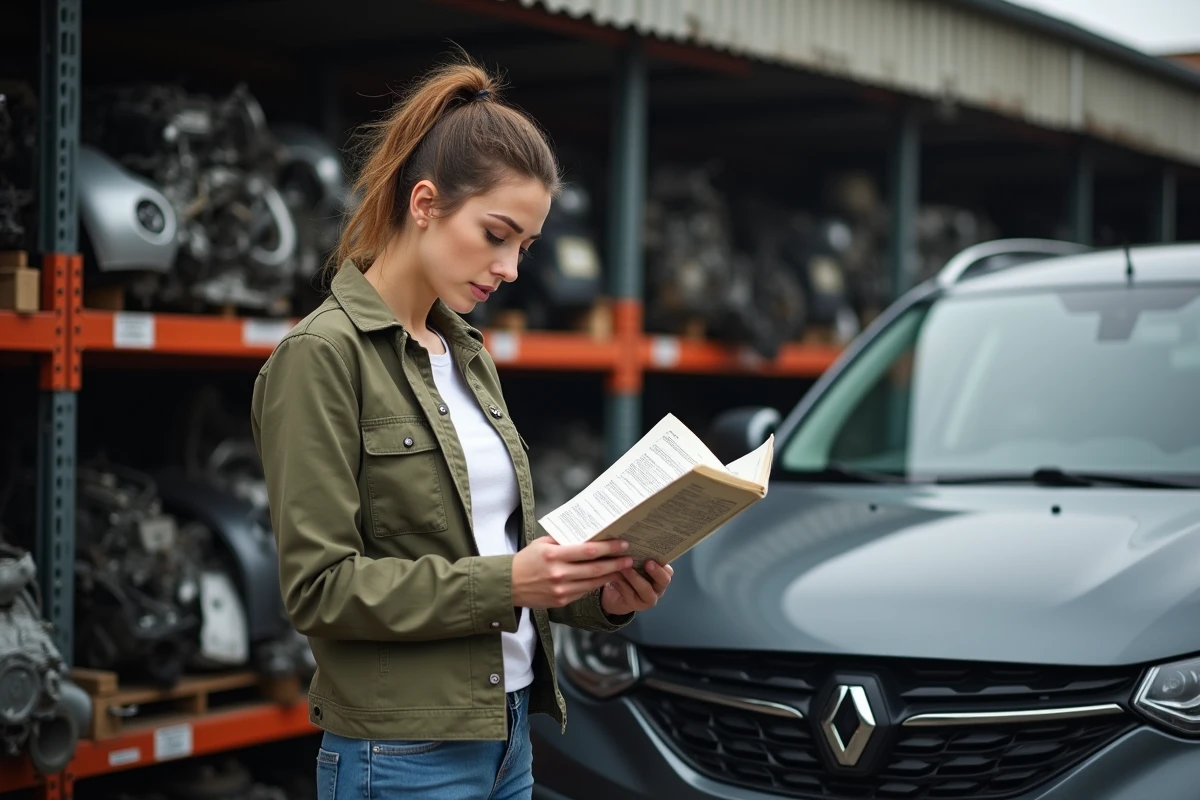 Cliente consultant un catalogue de pièces auto dans une casse spécialisée en voitures récentes en Loire-Atlantique