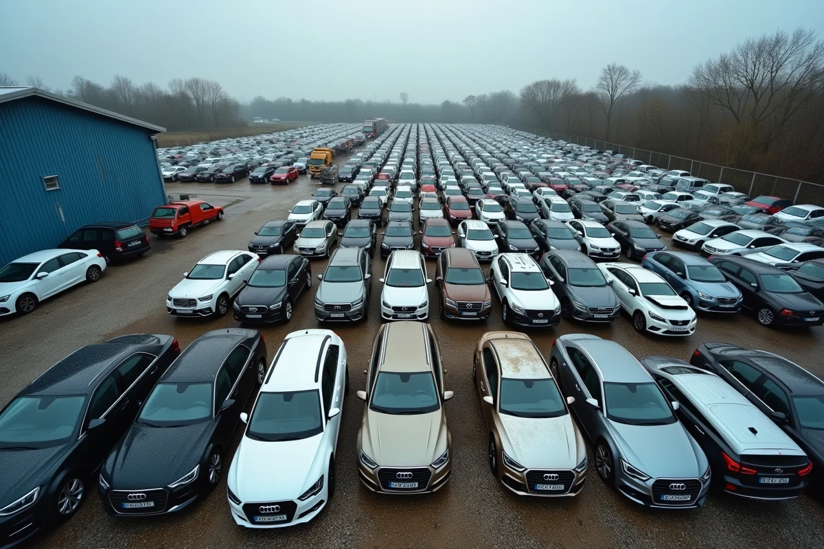 Vue d'ensemble d'une casse automobile spécialisée en véhicules récents en Loire-Atlantique avec rangées de voitures démontées
