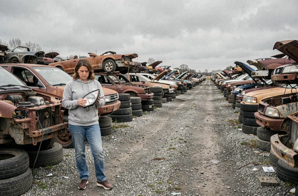 Femme cherchant des pièces auto bon marché dans une casse automobile en plein air