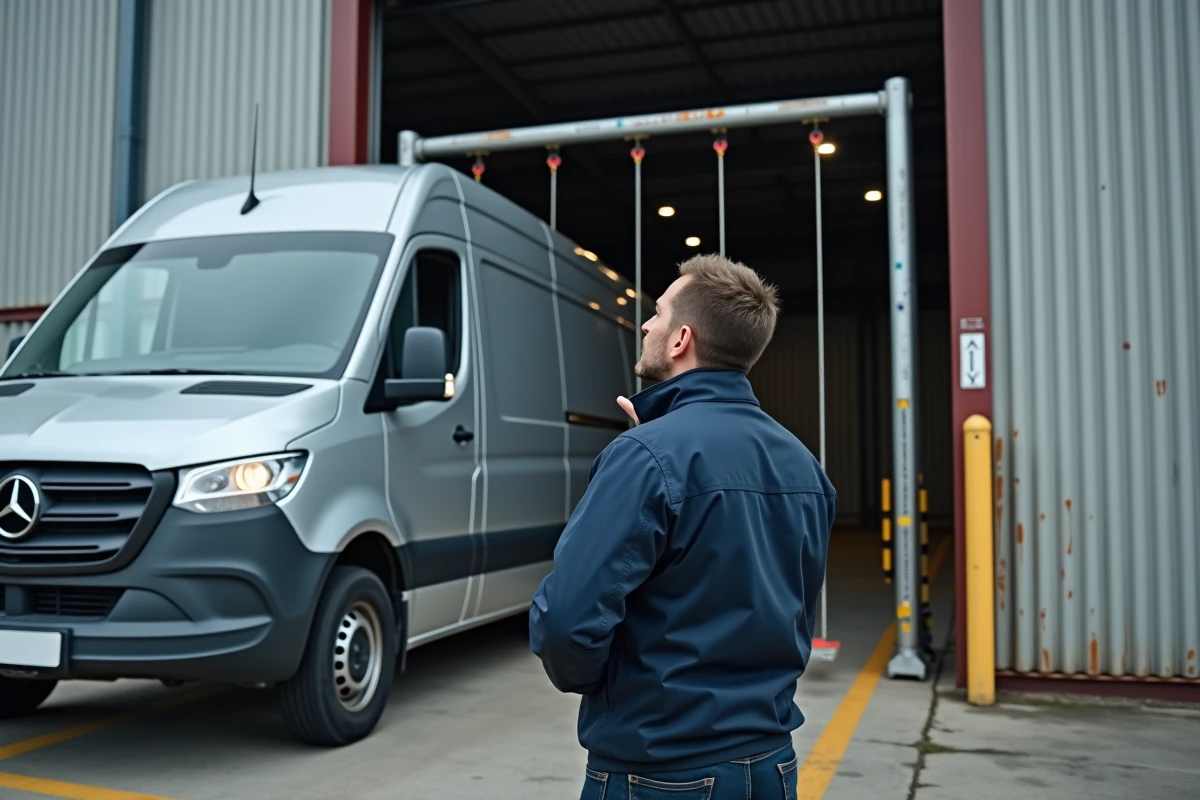 Chauffeur logistique pointant un portique de hauteur limitée devant un fourgon L2H2 à quai de chargement industriel