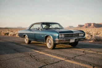 Chevrolet Impala 1967 bleu métallique garée sur une route désertique américaine avec formations rocheuses en arrière-plan