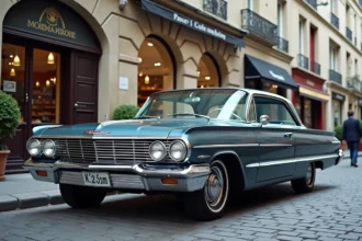 Chevrolet Impala classique bleu marine garée dans une rue pavée de Paris avec des immeubles haussmanniens en arrière-plan